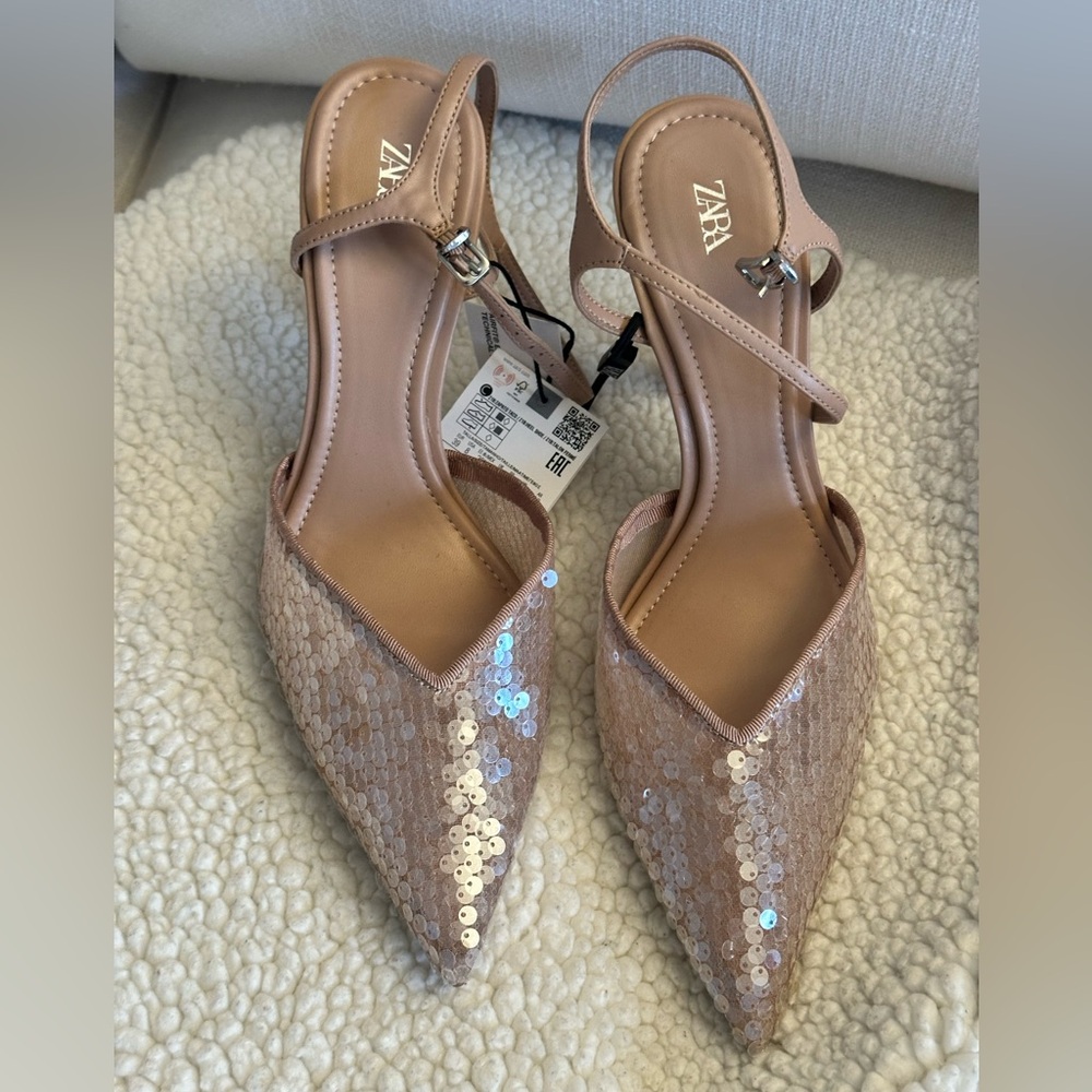 Zara Tan Sequin Heels Elegant Pointed-Toe Design NWT Size 39